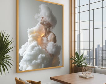 Ethereal Woman Canvas, Surreal Cloudscape Wall Art, Dreamy Abstract Portrait, Mystical Light Home Decor, Ready to Hang