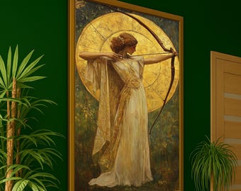 Elegant Woman Archer Canvas Wall Art, Golden Halo Background, Victorian Style Bow and Arrow, Classic Mythical Wall Decor, Ready to Hang