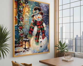 Weihnachten Schneemann Leinwanddruck | Urlaub Wand Dekor | Winterszene Wandkunst fertig zum Aufhängen | Festliche saisonale Wanddekoration