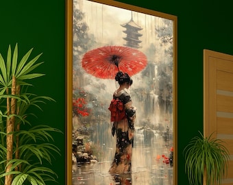 Elegant Japanese Woman with Red Umbrella Canvas, Traditional Kimono Wall Art, Asian Culture Print, Serene Waterfall Landscape Canvas,