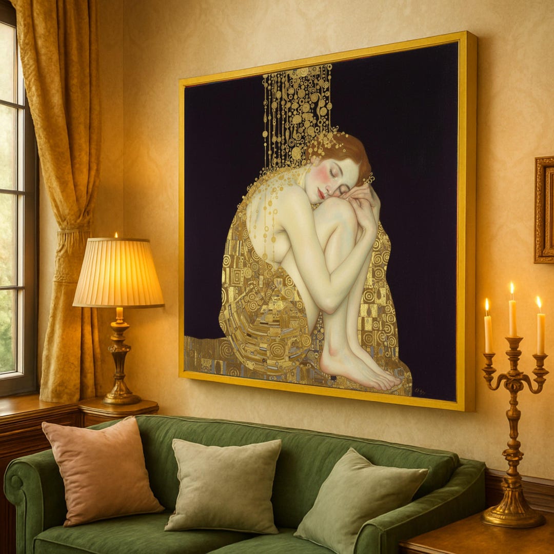 Klimt Style Golden Woman Canvas Print – Elegant Figurative Wall Decor ...