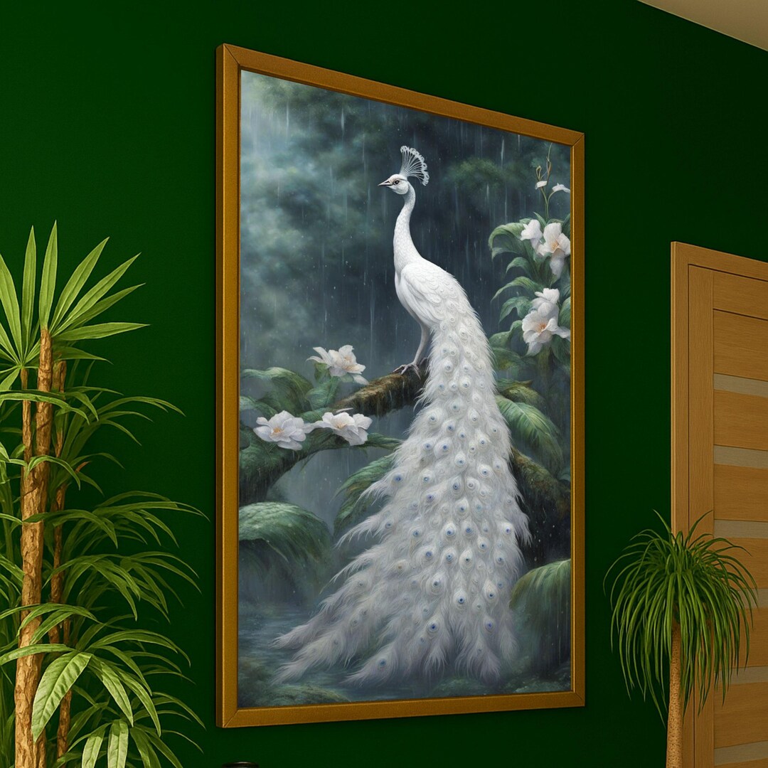 雄大な白孔雀のキャンバスウォールアート、エレガントな鳥のキャンバス