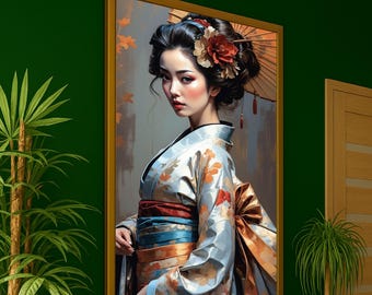 Elegant Geisha Canvas Wall Art, Japanese Woman Portrait, Traditional Kimono Wall Decor, Oriental Asian Culture Artwork, Ready To Hang