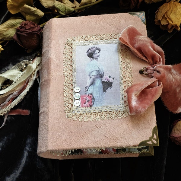 Unique handmade leather-covered junk journal/ Antique French lace and ephemera / Shabby chic junk journal / Luxurious notebook
