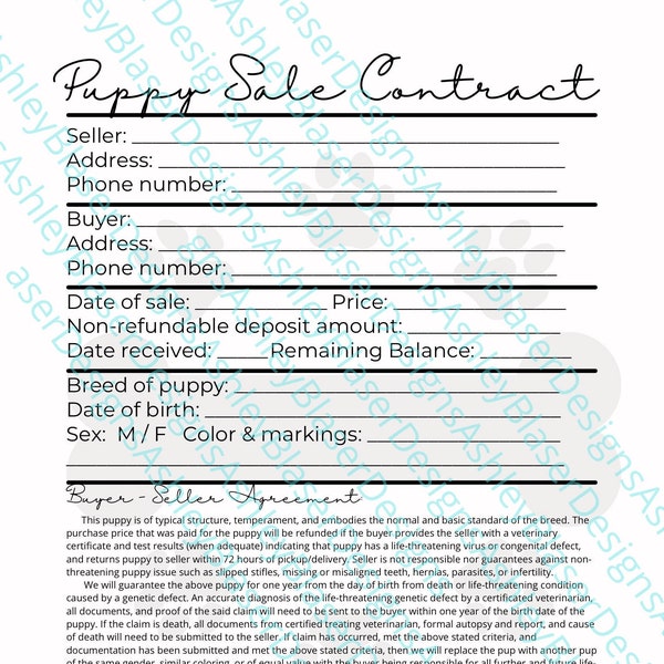 Puppy Contract; Puppy Buyer Seller Agreement; Puppy Bill of Sale