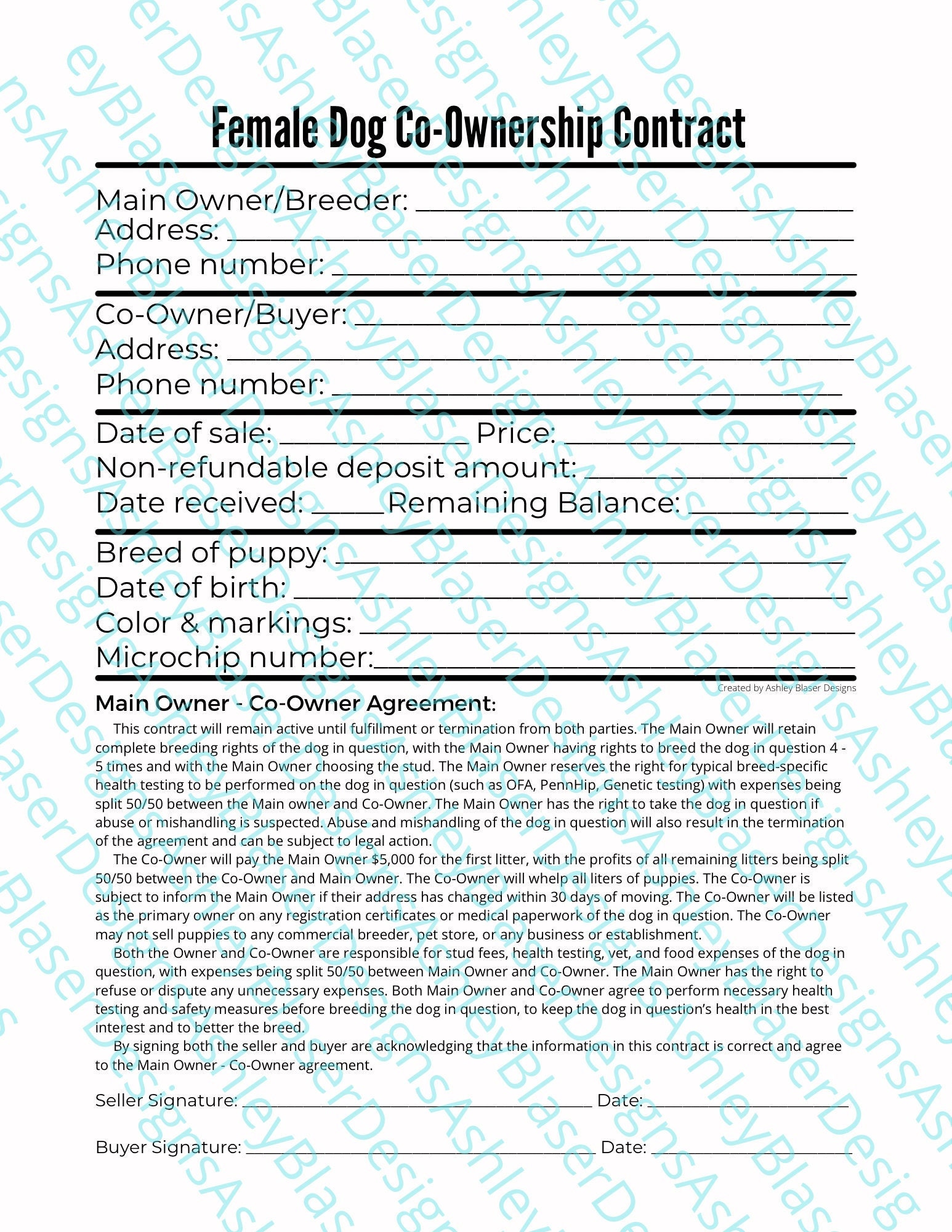 Female Dog Coownership Contract Etsy Female Dog Coownership Contract Etsy