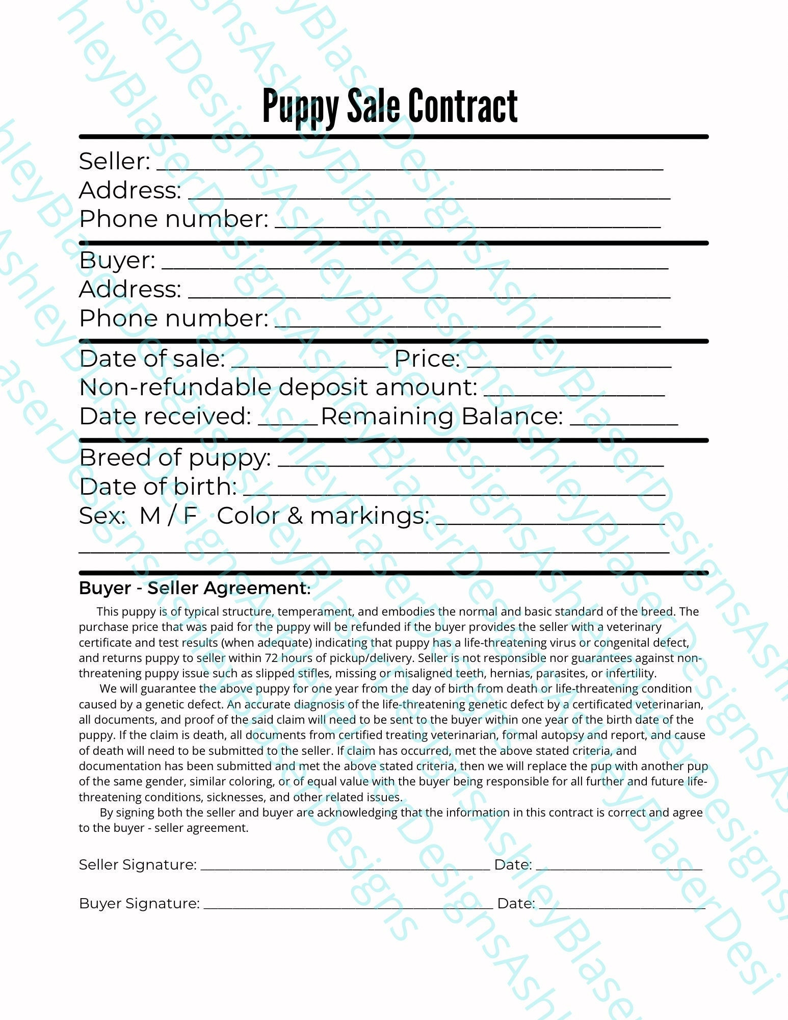 Puppy Sale Contract Etsy