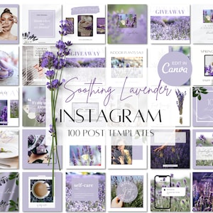 Könnte beinhalten: Eine Sammlung von 100 Instagram-Post-Vorlagen mit einem Lavendel-Thema. Die Vorlagen enthalten Bilder von Lavendelblüten, Zitaten und Textüberlagerungen. Der Text "Soothing Lavender Instagram 100 Post Templates" wird in der Mitte des Bildes angezeigt.