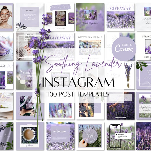 100 Instagram Post Templates | Purple Lavender | Nature | Plants | Leaf | Canva Instagram Templates | Social Media Templates | Editable