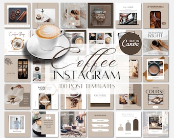 May include: A collection of 100 Instagram post templates for coffee businesses. The templates feature a variety of designs, including photos of coffee, coffee cups, and coffee beans. The templates are also decorated with text, such as "Coffee Shop", "Cozy Up With Coffee", and "Edit in Canva".