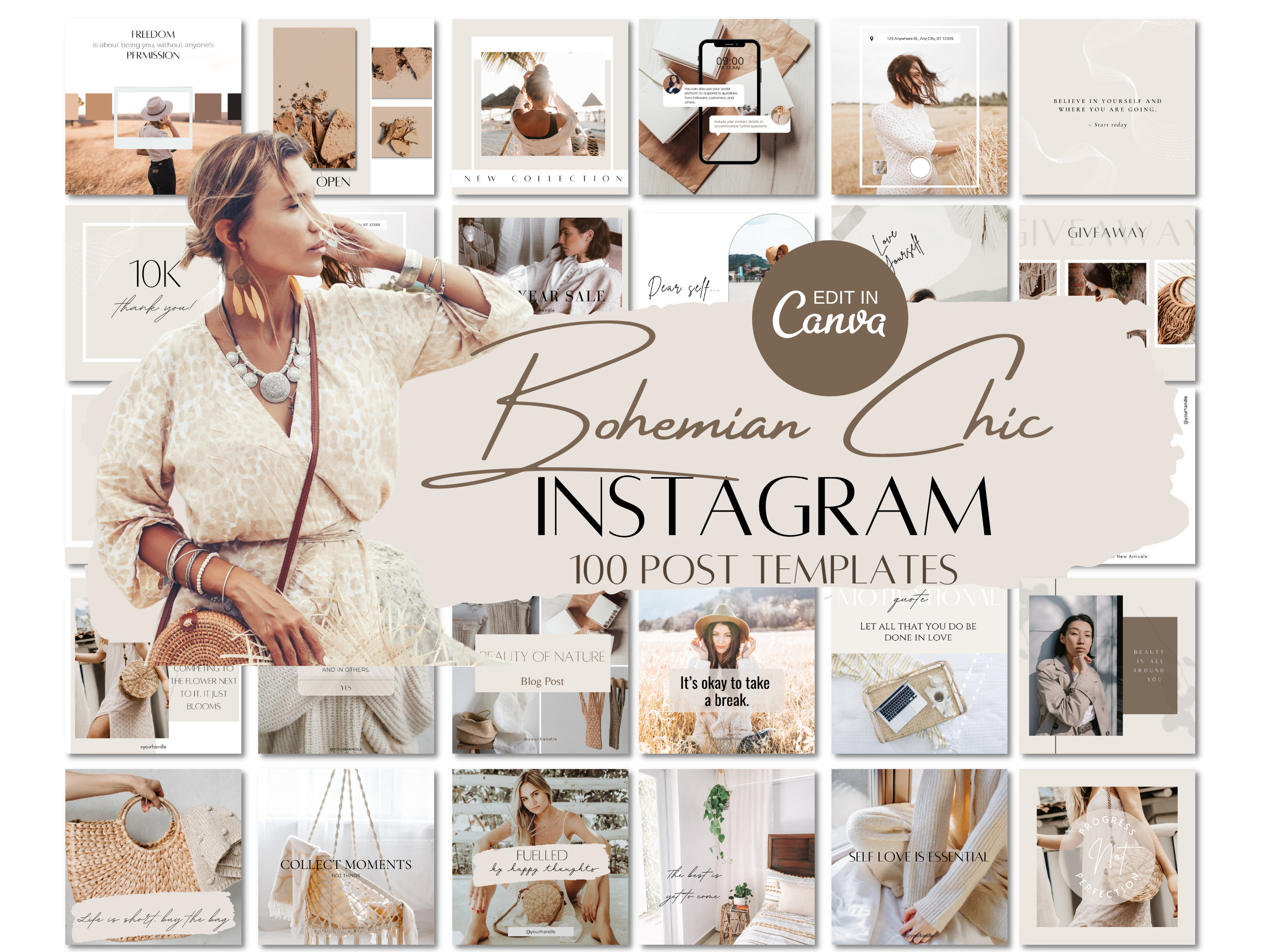 100 Instagram Post Templates | Bohemian Chic | BOHO | Canva Instagram ...