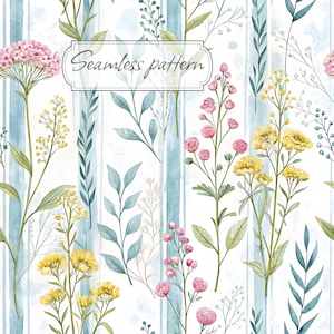 Może przedstawiać: Bezszwowy wzór kwiatowy w akwareli z różowymi, żółtymi i zielonymi kwiatami i liśćmi. Projekt zawiera pionowe niebiesko-białe paski i tekst "Seamless pattern" w ozdobnej ramce.