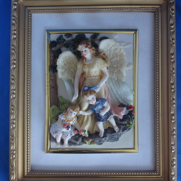 Vintage 3D Art and Hand Painted Picture of a Guardian Angel with Children Posh Italy Design