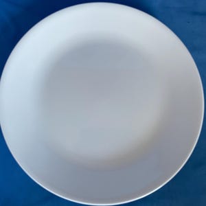 May include: A plain white ceramic plate with a slightly curved rim. The plate is round and appears to be clean and unused. The plate is set against a blue background.