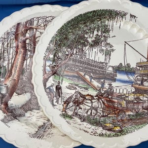 Vernon Kilns &quot;Bits of the Old South Down on the Levee&quot; and &quot;Bits of Old New England Tapping for Sugar&quot; 14 inch Platters