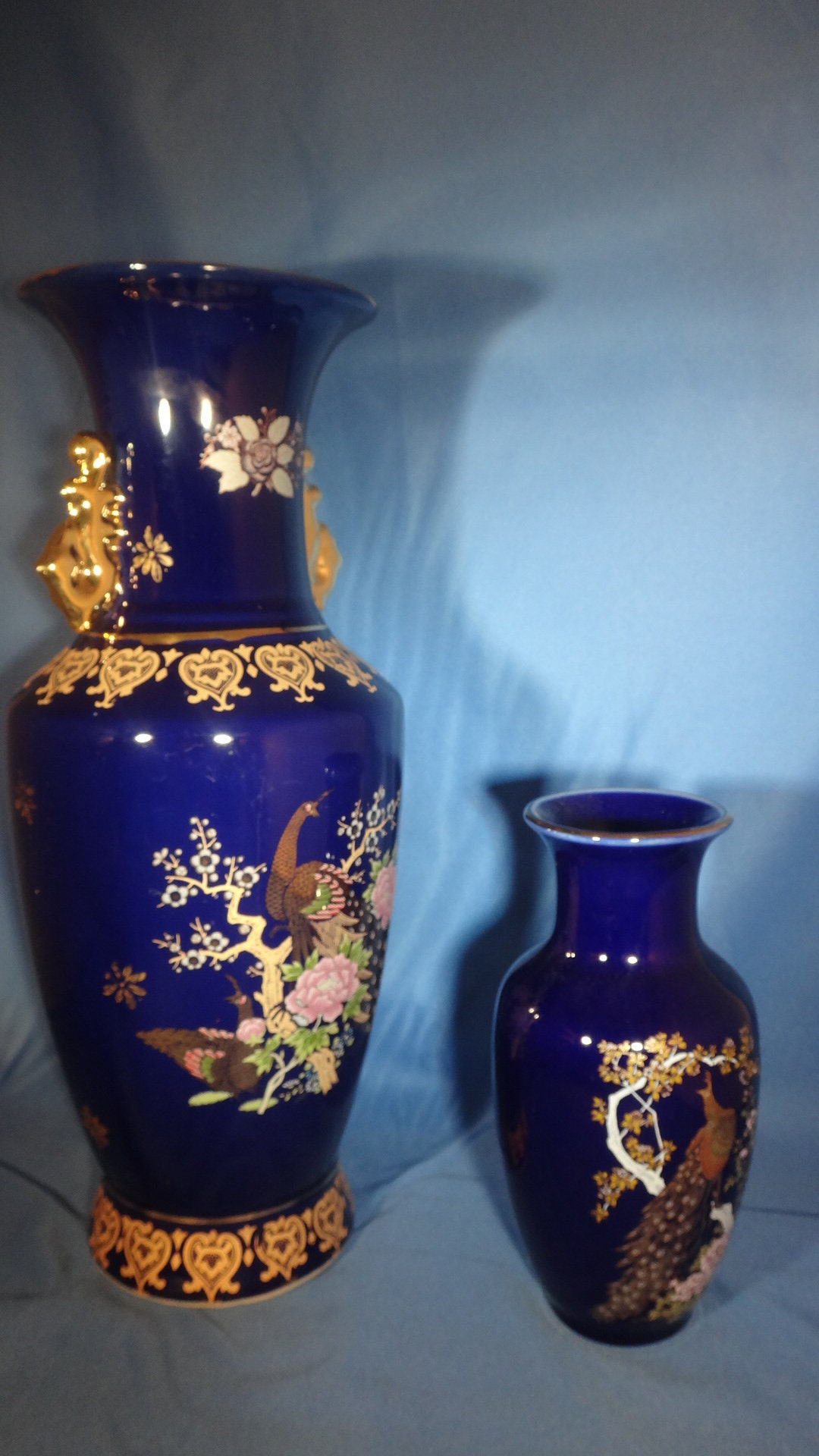 Oriental Blue and Gold Peacock Vases Etsy