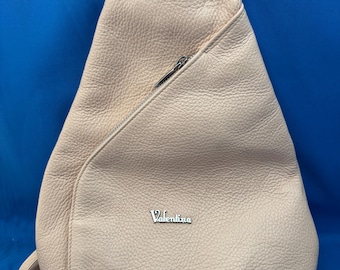 Valentina Pink Cream Color Adjustable Leather Sling Bag Backpack Made In Italy