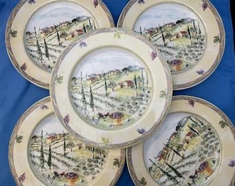 PTS International Interiors Genuine Stoneware Tuscan Country Vineyard Scene Salad Plates