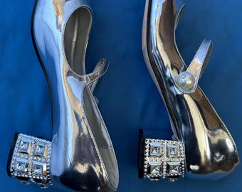 Kvinnor Strass Chunky Heel Rund Tå Rem Silverfärgade Skor