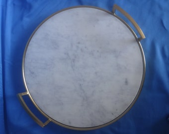 Contemporary White Granite and Brass 14 Inch Drinks Serving Tray
