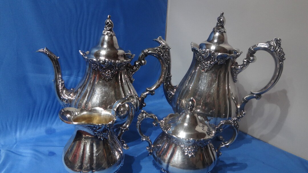 Baroque by Wallace Silver Plated Coffee Teapot Creamer Sugar Bowl Set
