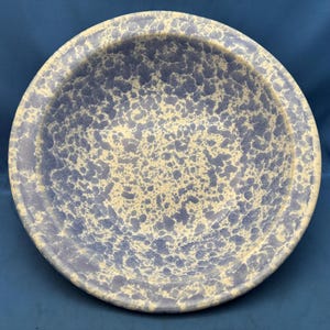 May include: A round bowl featuring a speckled pattern with a light cream base color and irregular blue splatters across the entire surface. The bowl has a wide, flat rim and a deep, circular basin, displaying a consistent mottled design throughout.