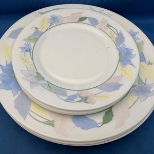 Könnte beinhalten: Ein Stapel weißer Keramikteller mit floralem Design. Die Teller haben einen Rand aus blauen, rosa und gelben Blumen und Blättern. Die Teller sind auf einer blauen Oberfläche gestapelt.