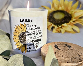 Personalized Candles Gift for garden lover, Unique Handmade present for Friend, Custom label Candle, birthday gift, sun flower gifts