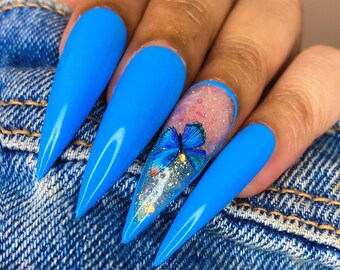 Blue Butterfly Nails Etsy