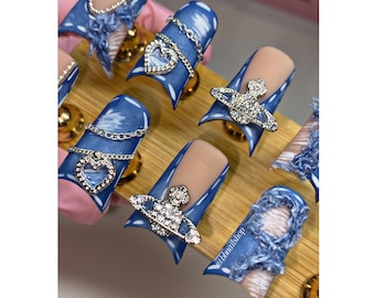 Denim Press On Nails: Medium Duck Nail Set