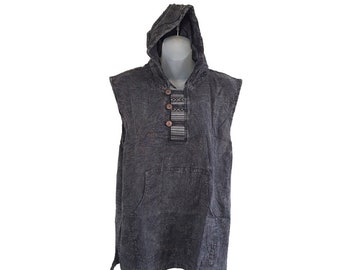 Mens Black Sleeveless Pullover Hoodie Handmade Hippie Festival Ethnic Boho