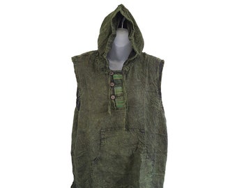 Mens Green Sleeveless Pullover Hoodie Handmade Hippie Festival Ethnic Boho