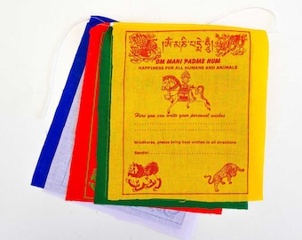 May include: A set of five prayer flags with the Tibetan mantra "Om Mani Padme Hum" printed on them. The flags are yellow, green, red, white, and blue. The flags are strung together with a white cord. The flags are decorated with images of animals and flowers.