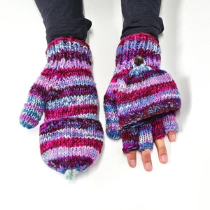 Purple PURE WOOL Gloves HANDKNITTED Warm Winter Fingerless Mittens Nepal Lining Half Finger