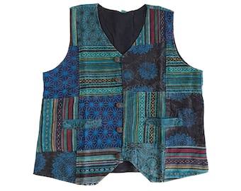 Mens Blue Vest Patch Hippie Boho Festival Washed Handmade Ethnic Colourful Fun