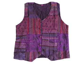 Chaleco morado para hombre, estilo hippie bohemio, festival, lavado, hecho a mano, étnico, colorido y divertido.