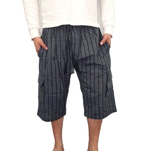 Mens Cargo 3/4 Pants Striped Handmade Cotton Hippie Summer Bohemian Long Shorts Boho Fun