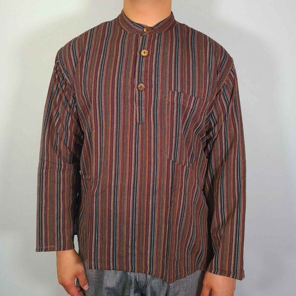 Mens Kurta Striped Handmade Long Sleeve Shirt Indian Clothing Nepal Plain Ethnic Hippie