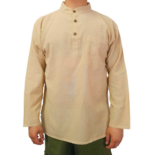 Mens Kurta Handmade Long Sleeve Shirt Indian Clothing Nepal Button Up Plain Ethnic Hippie