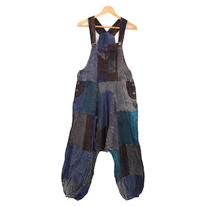 Mono de festival con parches hechos a mano, estilo hippie, negro, azul, lavado a la piedra, estilo bohemio para verano