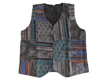 Mens Black Vest Patch Hippie Boho Festival Washed Handmade Ethnic Colourful Fun