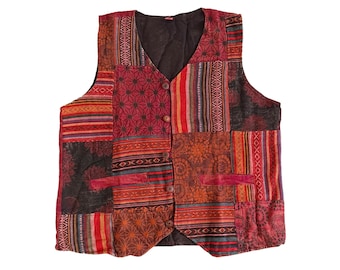 Mens Red Vest Patch Hippie Boho Festival Washed Handmade Ethnic Colourful Fun