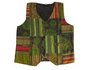 Mens Green Vest Patch Hippie Boho Festival Washed Handmade Ethnic Colourful Fun