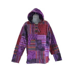 May include: A purple and red patchwork hooded sweatshirt with a button closure. The sweatshirt has a variety of geometric and floral patterns.