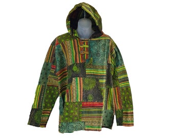 May include: A green, red, and yellow patchwork hooded shirt with a drawstring closure. The shirt has a variety of patterns and designs.
