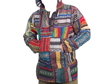 Mens Hoodie Patchwork Handmade Bohemian Hippie Cotton Boho Baja Nepal Tibet Mexican Winter Warm Jacket Hippy Pullover