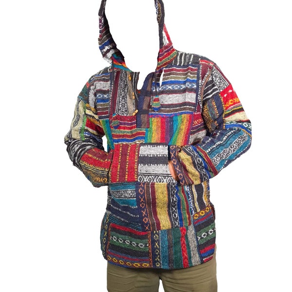 Mens Hoodie Patchwork Handmade Bohemian Hippie Cotton Boho Baja Nepal Tibet Mexican Winter Warm Jacket Hippy Pullover