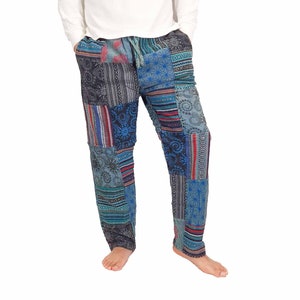 Mens Blue Patchwork Pants Handmade Thick Cotton Hippie Boho Yoga Comfy Unisex Summer Hippy Bohemian Sustainable