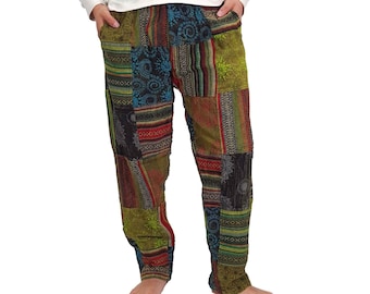 Handmade Patchwork Cotton Pants: Green Hippie Boho Style