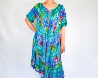 Tie Dye Dress Handmade Half Sleeve Festival Loose Plus Size Baggy Rainbow Boho Beach T Shirt Dress